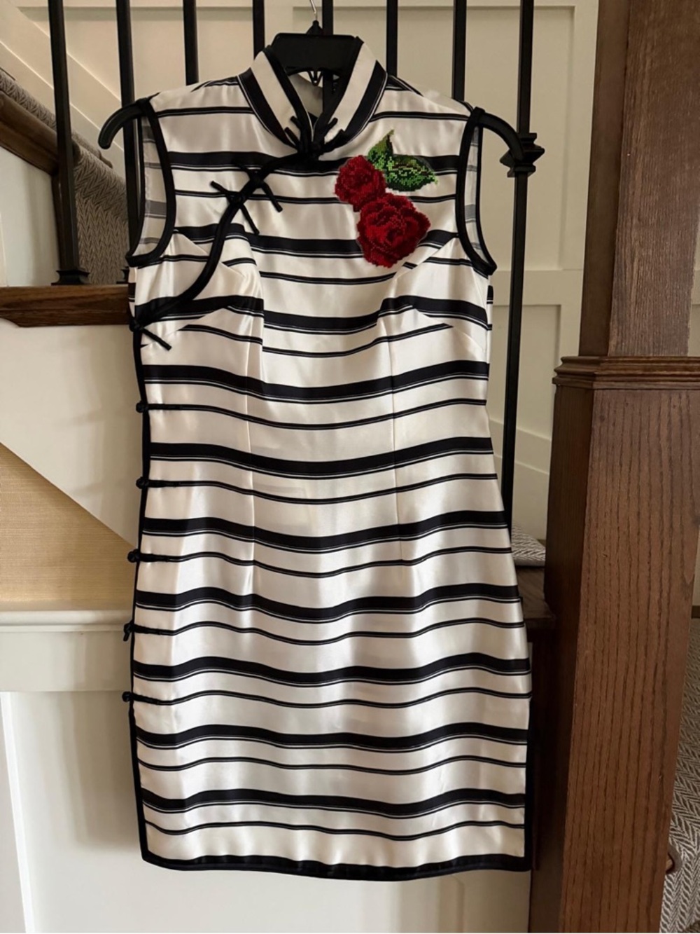 Striped Satin Sleeveless Dress with Red Rose Applique
